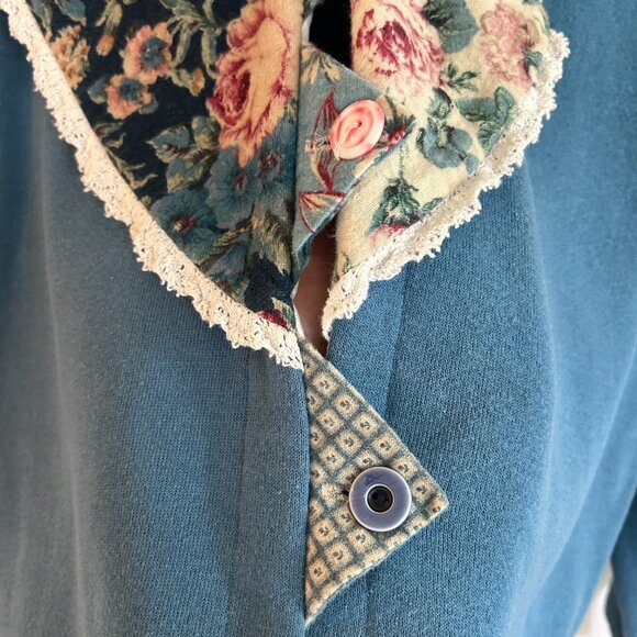 Vintage DIY Grandma Sweatshirt Cardigan M? Blue Shawl Collar Patchwork Button Up - Picture 6 of 10